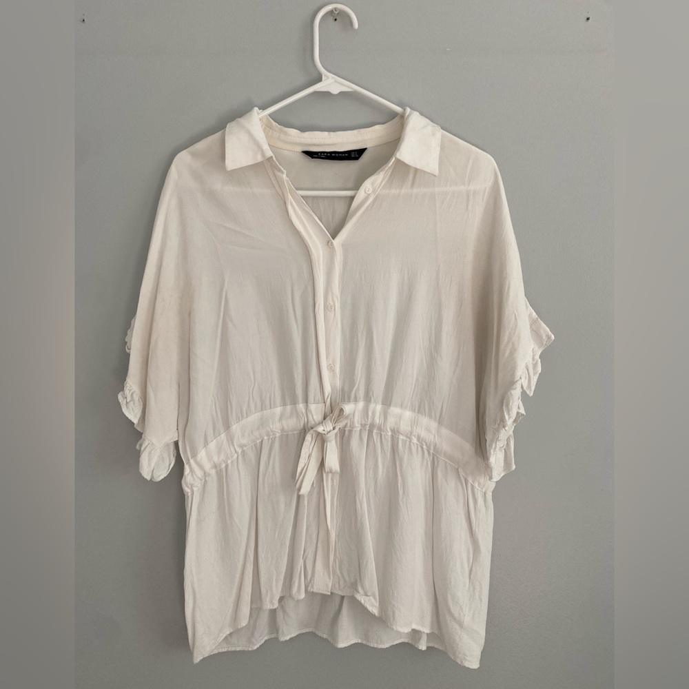Zara White Synched Waist Blouse